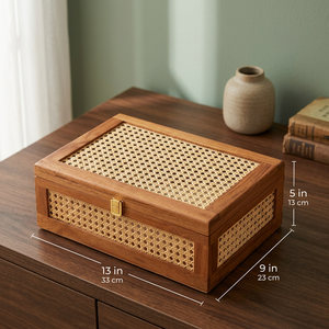 Boîte de rangement en bois écologique moderne avec panneaux en rotin tressé, organisateur de bijoux décoratif, boîte à souvenirs en bois naturel pour la maison - Product Image 3