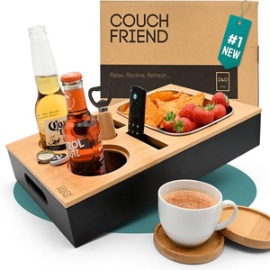 Plateau porte-gobelets en bambou pour canapé avec boîtes à collation en acier inoxydable, organisateur de rangement pour verres à vin et télécommandes, idéal pour les soirées cinéma à domicile - Product Image 1