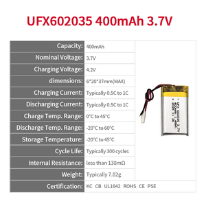 Batterie au lithium-ion polymère rechargeable en pochette UFX602035 400mAh 3.7V, certifiée KC, CB, UL1642, ROHS, <span class=keywords><strong>CE</strong></span>, PSE, batterie Lipo OEM ODM - Product Image 2