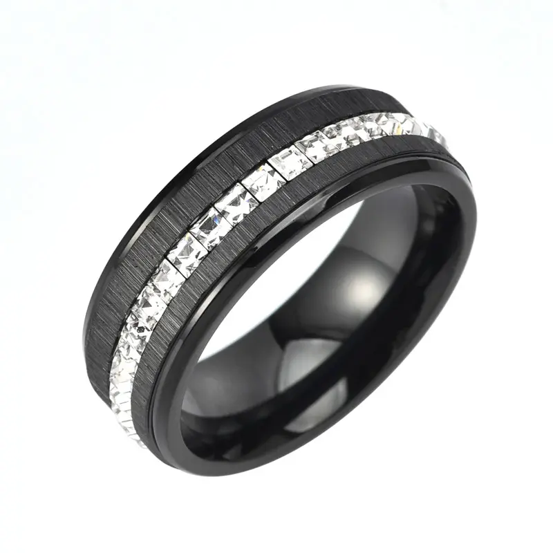 men's fashion stainless steel brushed sticky diamond plated black ring hand jewelry