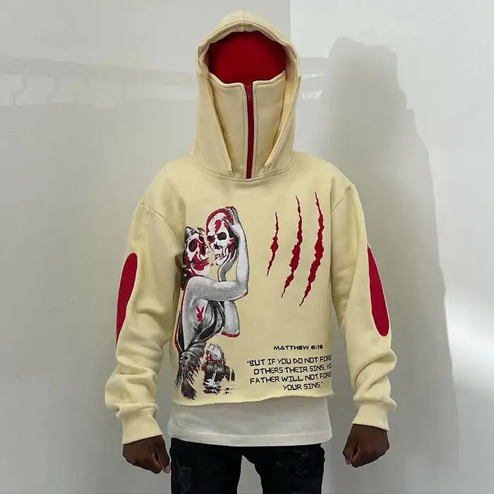 Custom Sweatshirts Pull Over Cut And Sew Heavyweight 100% Cotton Screen Print Raw Hem Mens Cropped Hoodies With Face Masked