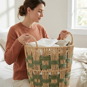 Round Woven <b>Storage</b> <b>Basket</b> With Green <b>Rope</b> Detail For Home Decor And Clothing Organizer Standing Type Handmade - Product Image 2