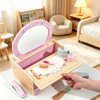 Table de Maquillage en Bois pour Filles, Coiffeuse Princesse Couronne, Ensemble de Jeu de Rôle en Bois pour Bijoux et Jouets pour Enfants