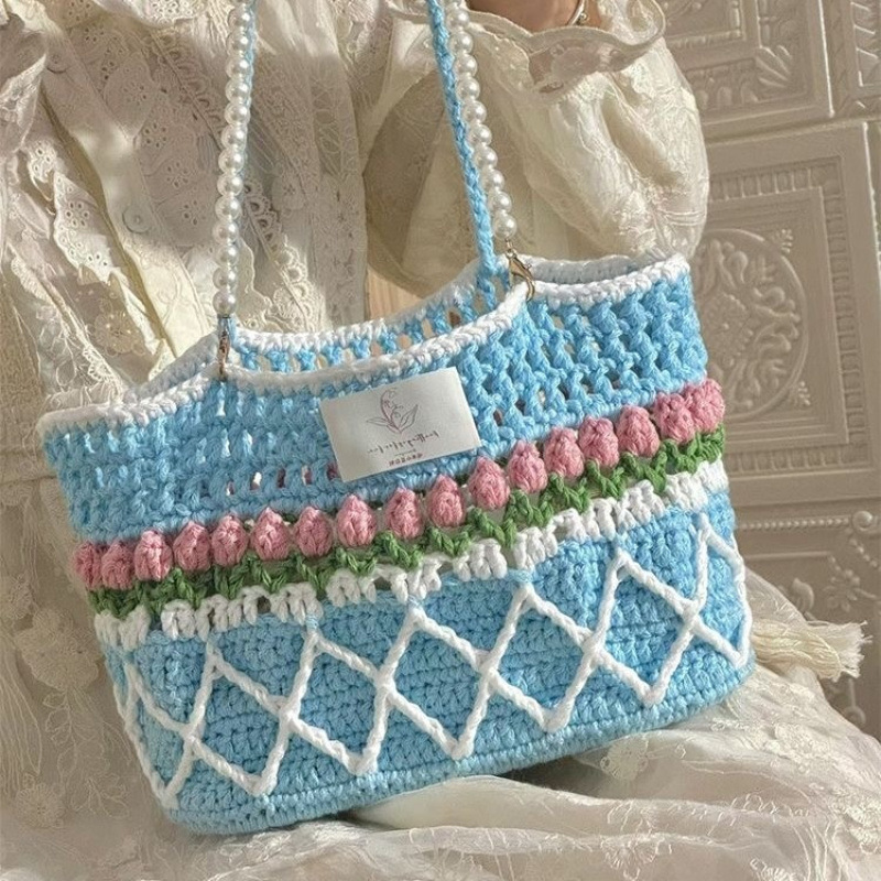 Tulipano blu diamante - sacchetto in tessuto - catena di perle