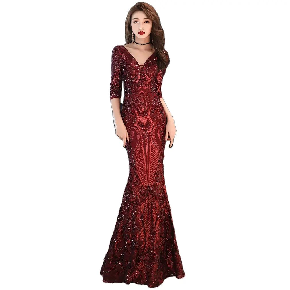 V Neck Sparkling Diamond Sequins Red Fish Tail Dress Bridal Dress Evening Gown for Wedding Party