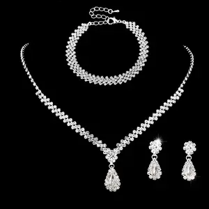 Fashion irregular necklace earrings bracelet set full zircon claw chain rhinestone three-piece jewelry set