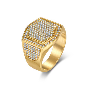 Men's Hexagon Micro Pave Diamond <b>Ring</b> Steel Gold <b>Titanium</b> Steel Party Jewelry - Product Image 5