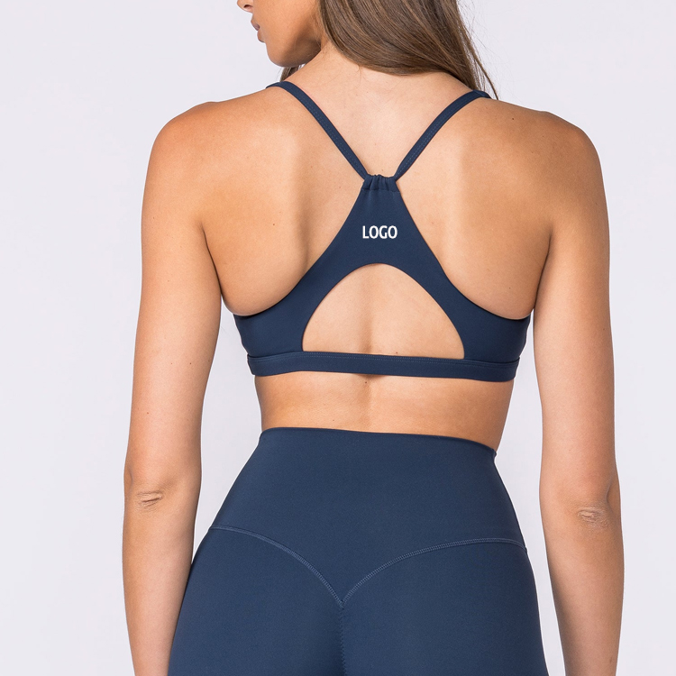 Custom Logo XS-2XL Nylon Spandex High Quality Deep V Neck Thin Strap Cut Out Yoga Top Sports Bra Women Designer Gym Wear Fitness
