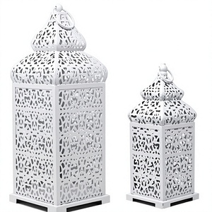 Ensemble de 2 lanternes en métal blanc marocain, lanternes en forme de pagode, dôme, découpe en filigrane, pour la décoration de mariage et de la maison - Product Image 1