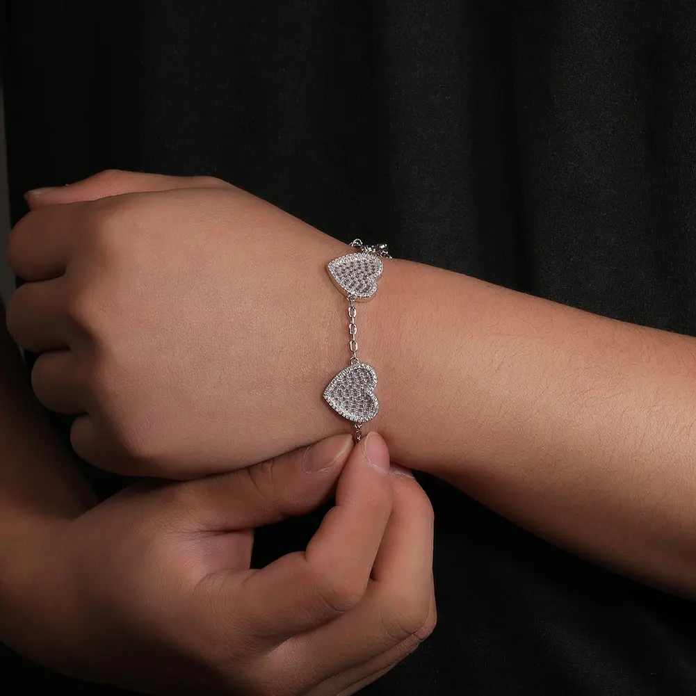 Stainless Steel Chain Brass CZ Diamond Heart Link Design Bracelet