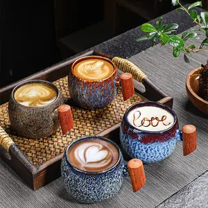 A525 Fabriek Groothandel Creatief Cadeau Ontbijt Melkoven Pot Buik Keramische Mok Houten Handvat Koffiekop Set