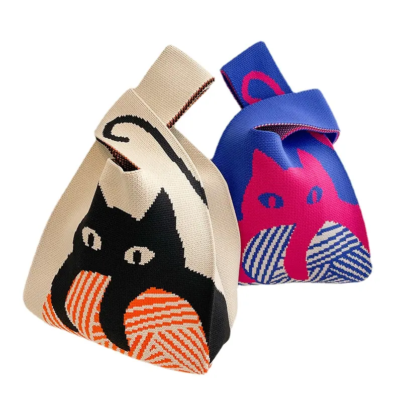 Vente chaude élégant chat motif tricoté sacs à main décontracté Shopping fourre-tout femmes à l'extérieur voyage Portable sacs en tricot sacs tissés quotidiens