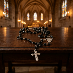 Elegante rosario católico de cuentas de acrílico de colores con San Benito, cruz de Santiago y corazón de Jesús. - Product Image 3