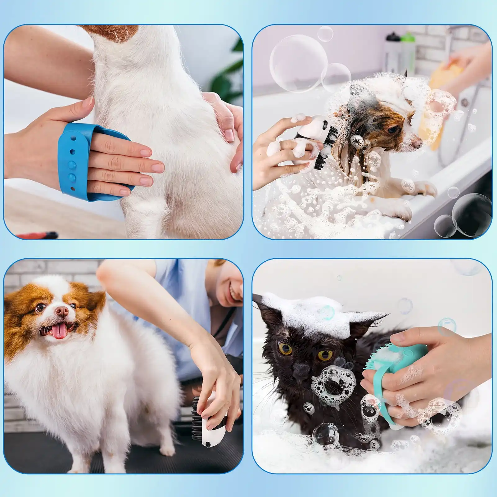 Pet Bathing Tool Set Grooming Shower Silicone Brush and Silicone Dog Bath Brush with Adjustable Ring Handle