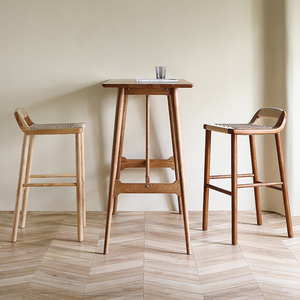 Modern Solid Wood High <strong>Bar</strong> Stool Dining Kitchen Counter Vintage Woven <strong>Height</strong> Lounge Chair Nordic Luxury <strong>Breakfast</strong> Commercial Use - Product Image 3