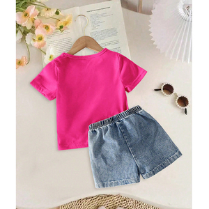 Cina fabbrica Custom OEM/ODM rosa manica corta con Shorts <span class=keywords><strong>blu</strong></span> Denim stile Casual per gruppi di età 4-7 anni - Product Image 4