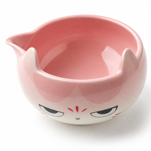 SKYJOY 4-Piece Japanese Design Pink Cat Face Porcelain Matcha Set Spouted Chawan Chasen Holder Bamboo Whisk Scoop for Matcha - Product Image 1