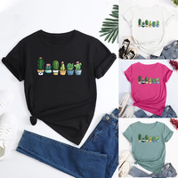 T-shirts décontractés pour femmes de haute qualité 140 g/m² Coupe ample Été Coton léger Col rond Imprimé cactus Logo Vente en gros