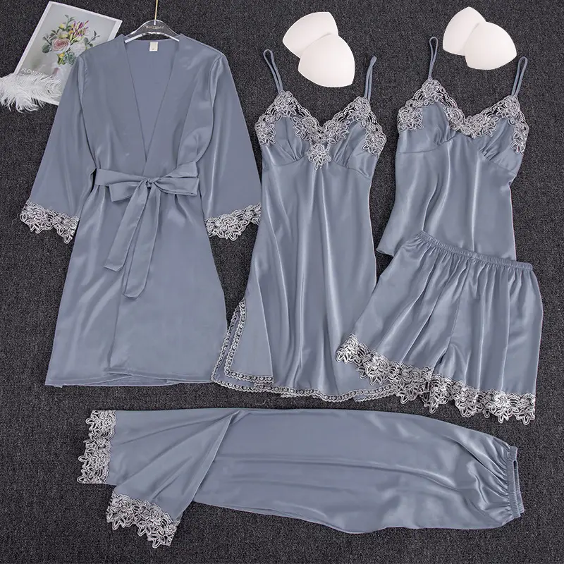 Bridal Robe Silk Bathrobe Set 5 Pieces Sets Lace Trim Bathrobe Ladies Satin Robe Pajama Set Luxury Sleepwear