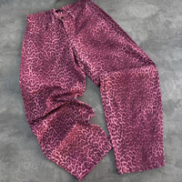 Celana Jeans Pink Leopard Print Kaki Lebar Pinggang Tinggi Model Vintage Oversized Fit, Streetwear 100% Katun Denim