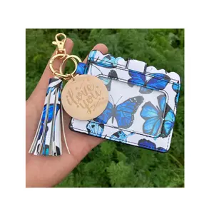 Fashion New Colorful Butterfly Flower Plaid Card Holder PU Tassel Disc Wood Pendant Keychain With Wallet