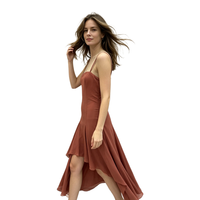 Robe midi marron unie en satin tissé à col carré et volants, taille naturelle, coupe évasée, Printemps-Été pour Femme