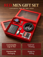 Coffret Cadeau Luxe Homme 7 Pièces : Montre, Portefeuille, Ceinture, Stylo, Porte-clés, Boutons de Manchette – Personnalisation Logo Doré – Idéal Cadeau d'Affaires et d'Entreprise
