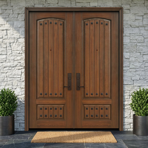 Porte d'entrée double en bois traditionnel avec panneaux verticaux et finition antique pour usage résidentiel - Product Image 3
