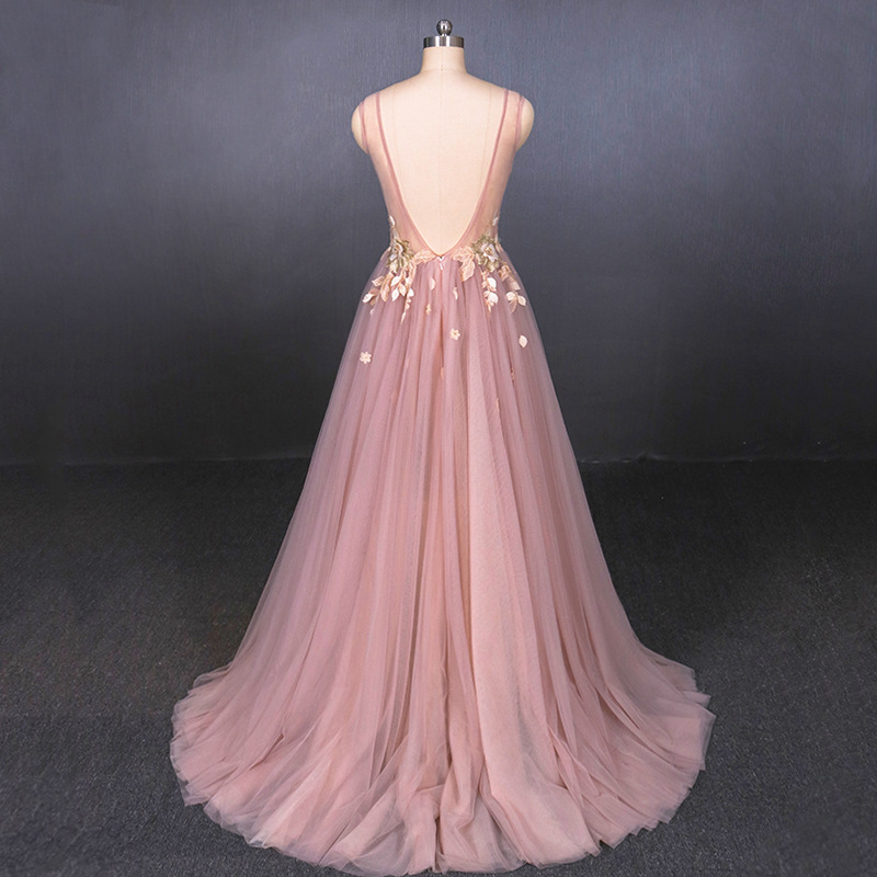 Customized Deep V-Neck Backless Pink Peach Blossom Wedding Dress for Bride  and Bridesmaids Modern Slimming Tiered Decoration| Alibaba.com