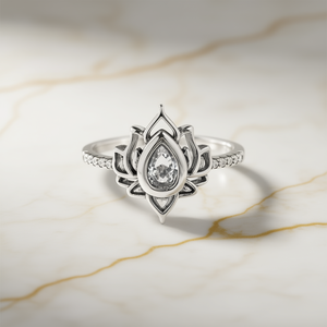 Vintage Flower Design Engagement Ring Women 925 Silver Rhodium Plated Pear Cut Diamond Bezel Setting Pave Accents Model Q254 - Product Image 2