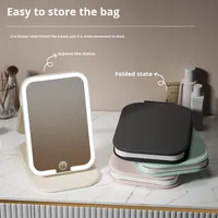 Miroir de maquillage avec lumière LED, cadre en verre PU/PS/PVC, portable, pliable, sur pied, design moderne et simple, pour bureau, étudiant, dortoir, maison