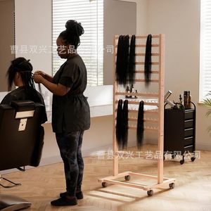 Soporte de madera para extensiones de cabello, de madera maciza, con múltiples niveles y ruedas para exhibir extensiones de cabello. - Product Image 2