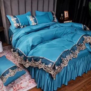 4pcs of Luxury Silk bed skirts dark blue king bedding set luxury Lace design bedding sets collections for bedroom