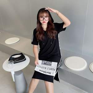 ชุดสเวตเชิ้ตแขนสั้นมีฮู้ดสำหรับผู้หญิงขนาดใหญ่พิเศษชุดเดรสสีดำยืดเอวสีทึบ N8106ต่อ - Product Image 1