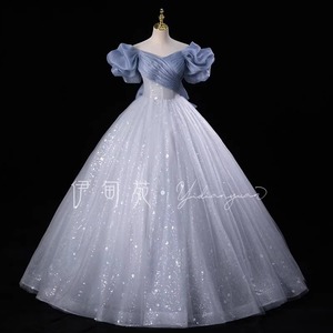 Elegant Long Stage Solo Dress Puffy Skirt Women Adult Performance Wear Solid Color Vocal Examination Attire - Product Image 1