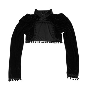 Chaqueta Corta de Terciopelo Negro, Manga Larga, Cuello Alto, Detalle de Borlas, Top Elegante y Ajustado para Mujer - Product Image 2