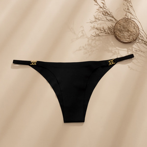 Women's Low Rise Black <b>Seamless</b> <b>Thong</b> Panty with Gold Logo Waistband Ultra Thin Knitted Underwear Solid Color Sexy Panties - Product Image 1
