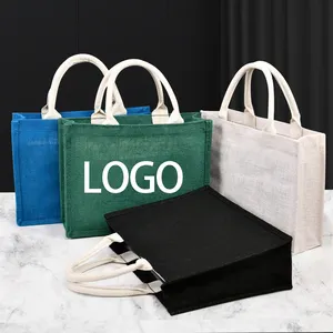 Toptan özel Logo tasarımlar çok renkler jüt alışveriş çuval bezi geri dönüşüm boş büyük keten kullanımlık bakkal torbaları