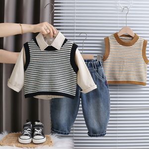 Tenue d'automne 3 pièces pour bébé garçon, <span class=keywords><strong>gilet</strong></span> en tricot rayé, chemise à manches longues, pantalon en jean - Product Image 1