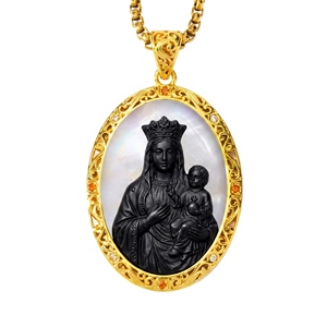 Collana con Ciondolo <span class=keywords><strong>Madonna</strong></span> Nera, Placcata Oro 18K, in Ottone con Madreperla, Icona Cattolica di Nostra Signora di Częstochowa, Regalo - Product Image 1
