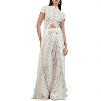 Robe longue femme en fibre de polyester, couleur unie, ajourée, taille haute, col rond, manches courtes, fente avant