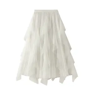 New 2024 Lotus Pleated Girl Women's Skirt Silk White Mesh Tulle Irregular Summer Long Skirts for ladies