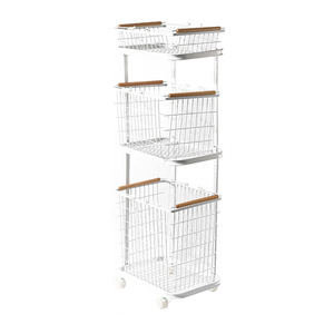 Three Tier Laundry Basket White Wire Mesh Storage Rack With Wheels Portable Clothing Organizer For Bathroom Bedroom - Product Image 1