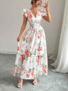 Robe longue trapèze élégante d'été pour femme, sans manches, col en V, imprimé floral, ourlet à volants, taille naturelle, idéale pour le bureau - Product Image 2