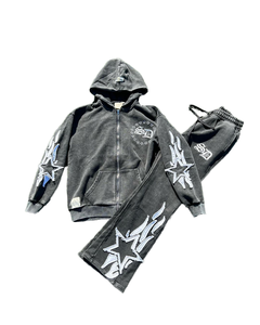 Custom Logo <strong>Tracksuits</strong> Patch Embroidery /distress Embroidery Stone Wash Fleece Lining 100% Cotton Hip Hop <strong>Style</strong> Flared Split - Product Image 1