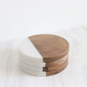Acacia <strong>Coaster</strong> <strong>Set</strong> of 4 for Drinks Wood and Marble New Europe Christmas Restaurants Round Marble Stone Mats &amp; Pads Support 10mm - Product Image 2