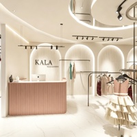 Aménagement intérieur de magasin de vêtements, personnalisation complète de la pièce, présentoirs pour magasin de vêtements, étagères de présentation de vêtements, décoration