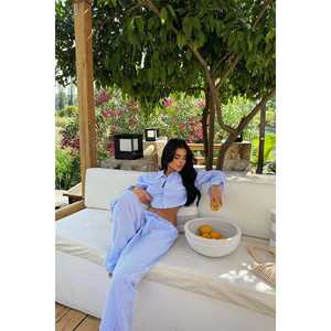 ชุดเซ็ตเสื้อผ้าฝ้ายลำลองลายสก็อตสีน้ำเงิน 2 ชิ้น เสื้อท่อนบนถักทอแบบยาว ความยาวระดับเข่า ทรงหลวม เหมาะสำหรับฤดูใบไม้ร่วง ไซส์ XL - Product Image 1