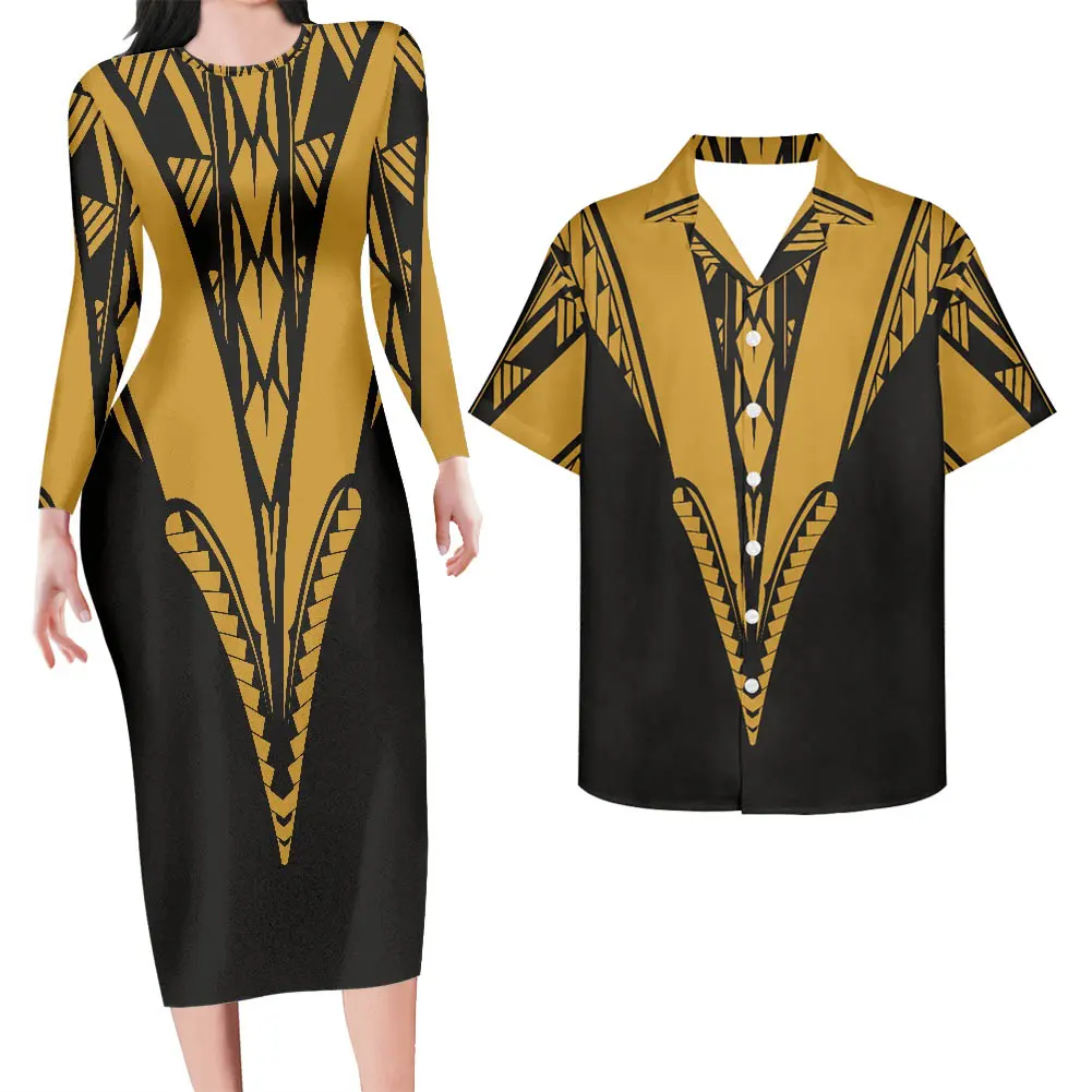 Özel altın çizgili çift takım elbise polinezya desen kadınlar için elbiseler kulübü elbise uzun kollu maç erkek gömlek artı boyutu