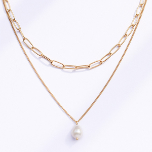 Cadena de serpiente de acero inoxidable chapado en oro de 18k, collar de perlas multicapa doble, Link 2, venta al por mayor - Product Image 2